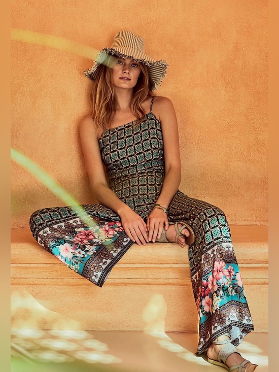FARM Rio Pants - FARM Rio x Anthropologie "Honolulu" Geo Floral Wide Leg Jumpsuit Size Small